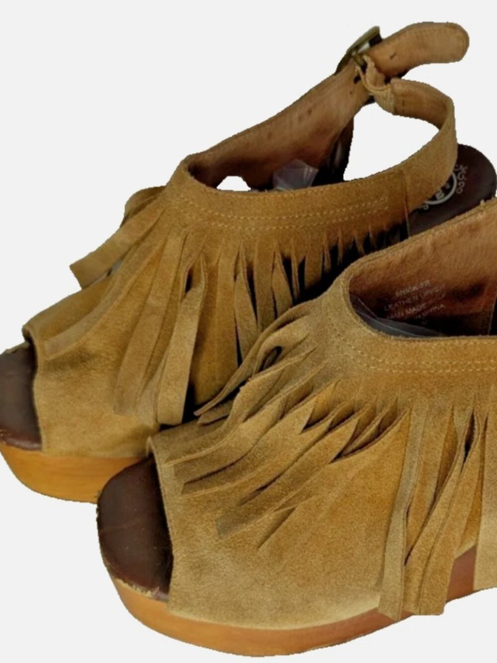 Jeffrey Campbell Fringe Wedges Tan Brown Suede Wood Platform Peep Toe Heels 10